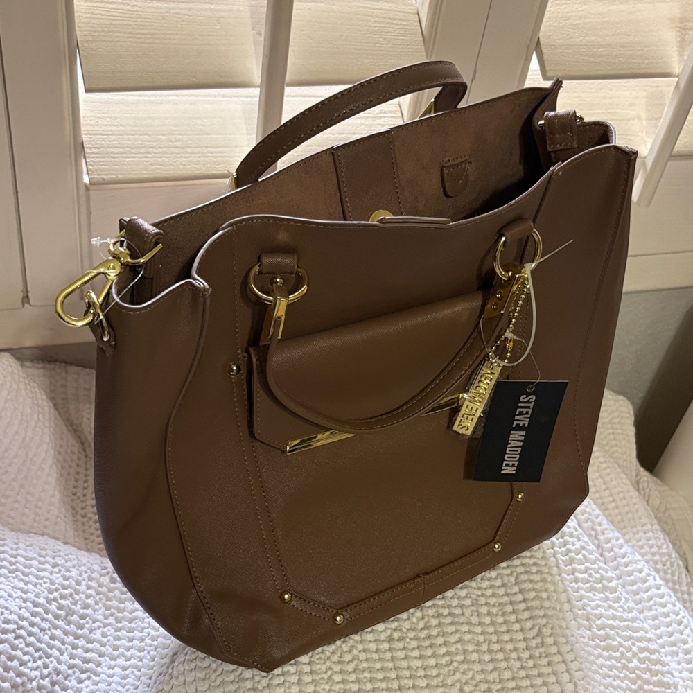Steve Madden Tan Tote Bag with Gold Accents includes long strap